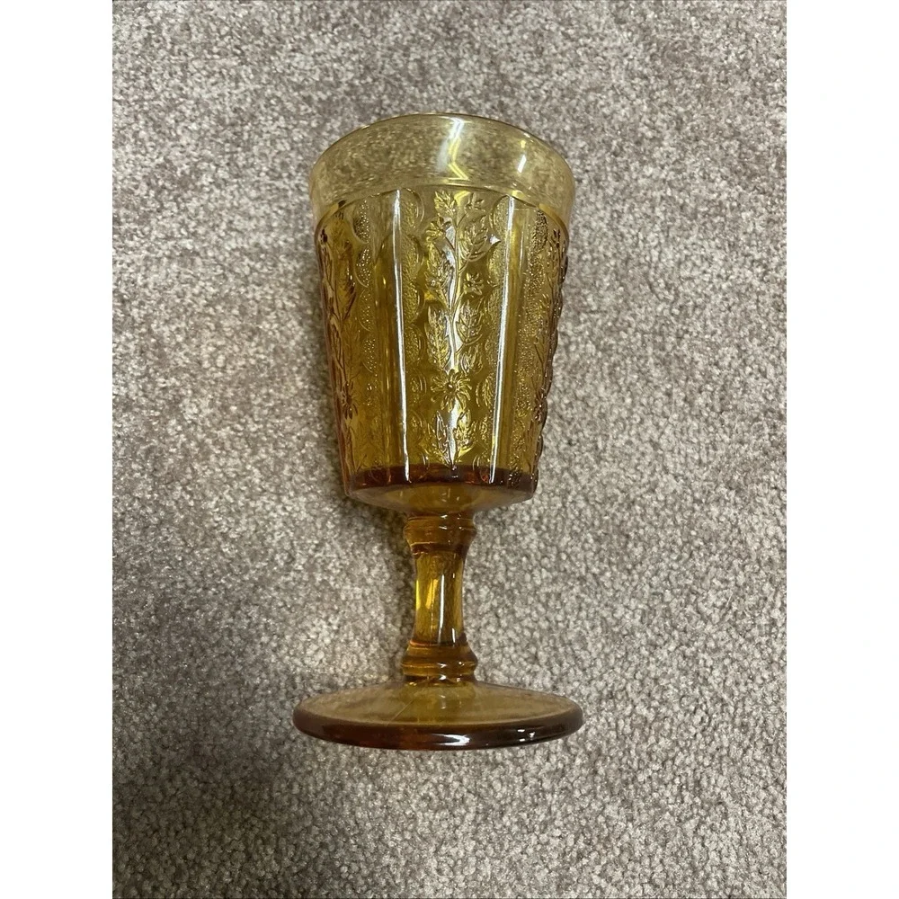 Vintage‎ 70's Retro Indiana Glass Button Daisy Leaf Tiara Amber Footed Goblet 6